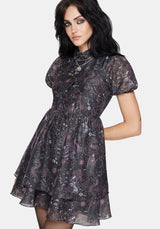 Haunt Medieval Print Chiffon Smocked Mini Dress