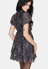 Haunt Medieval Print Chiffon Smocked Mini Dress