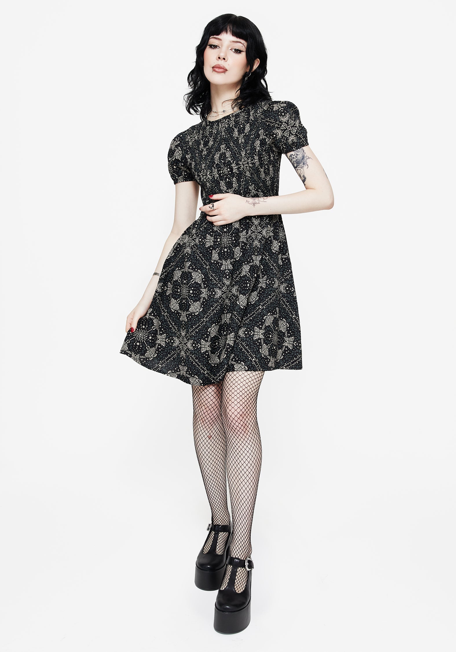 Poem Moth Print Puff Sleeve Mini Dress