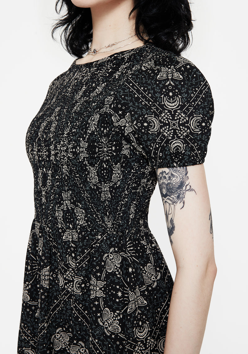 Poem Moth Print Puff Sleeve Mini Dress