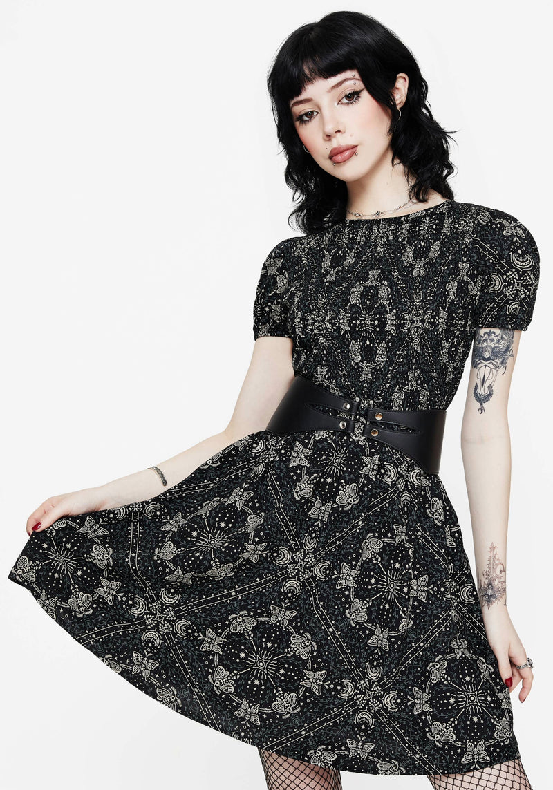 Poem Moth Print Puff Sleeve Mini Dress