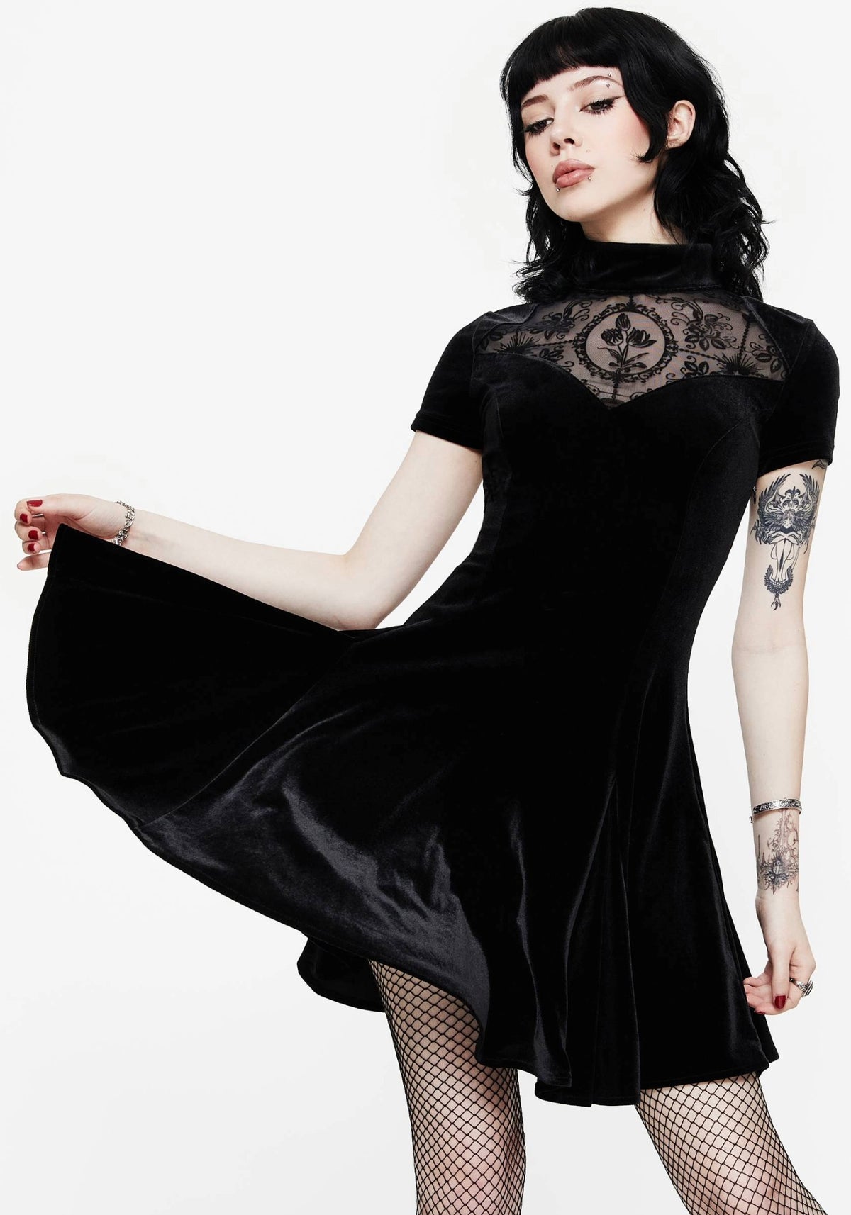 Cameo High Neck Flocked Mesh Insert Skater Mini Dress
