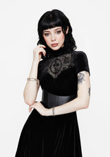 Cameo High Neck Flocked Mesh Insert Skater Mini Dress