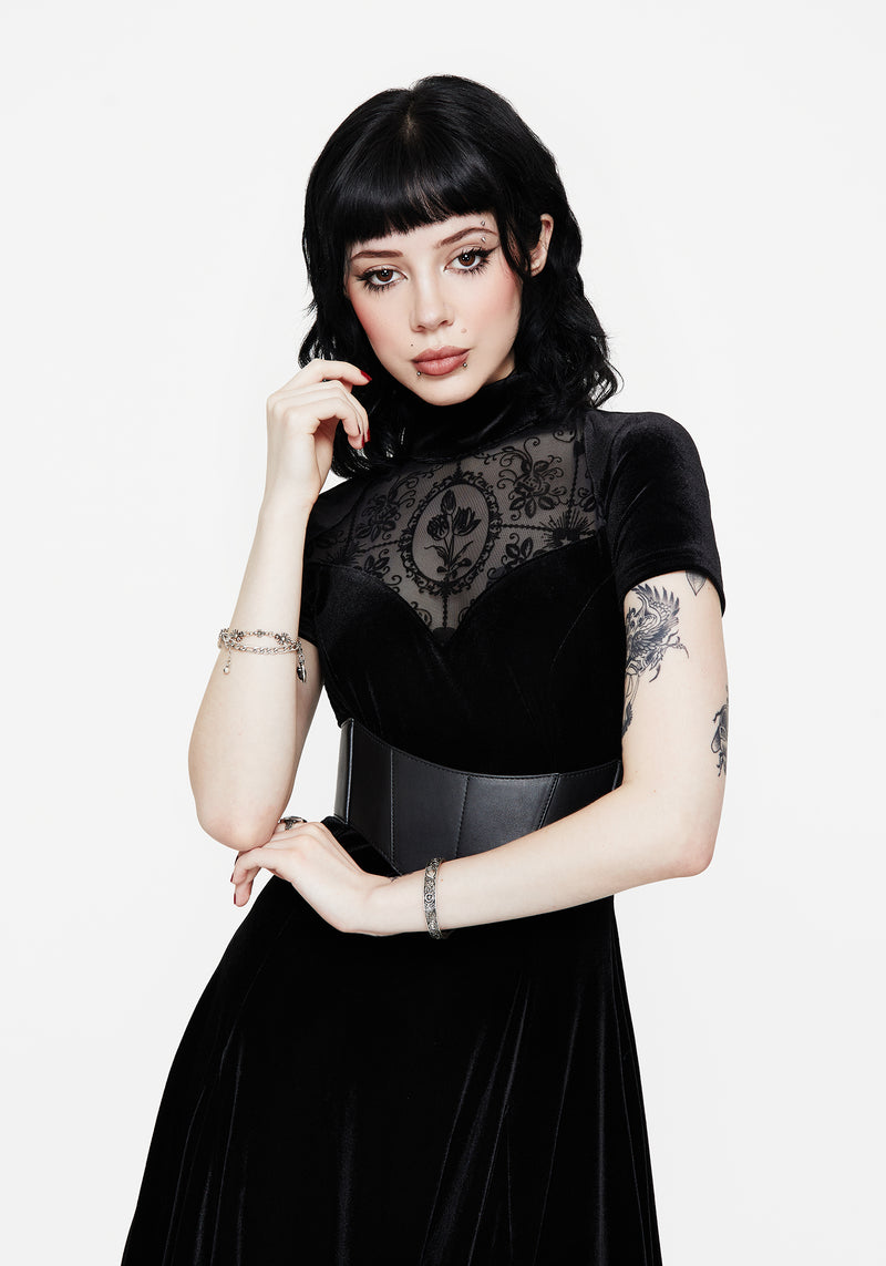 Cameo High Neck Flocked Mesh Insert Skater Mini Dress