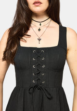 Gloom Lace Up Front Corset Detail Pinstripe Midi Dress