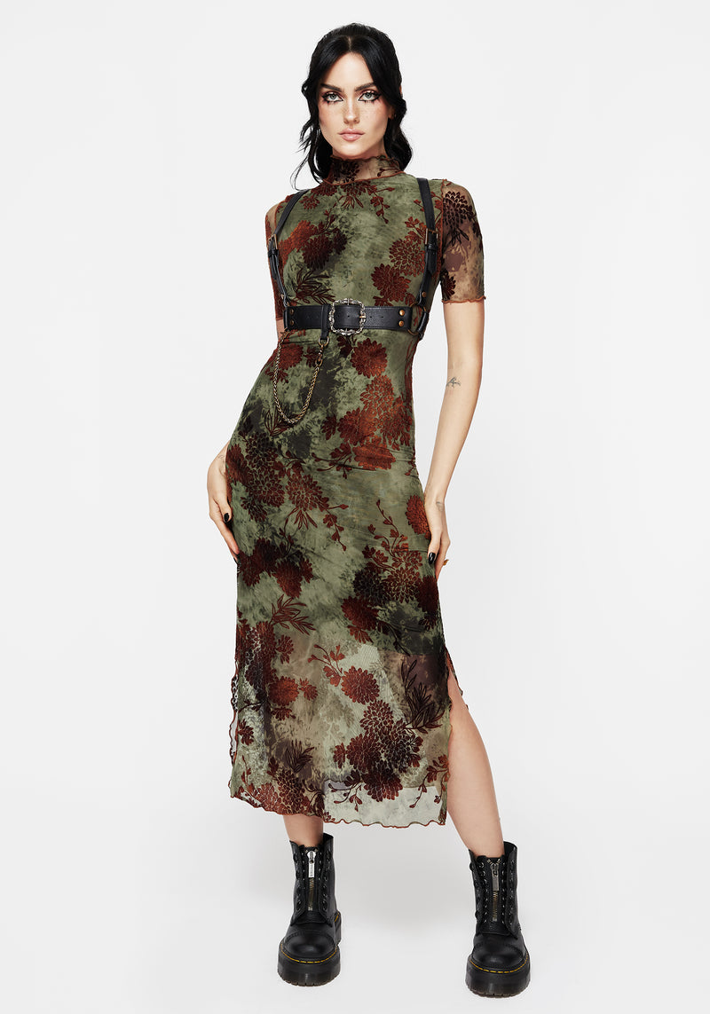 Rosaleigh Flock Velour Mesh Short Sleeved Midaxi Dress