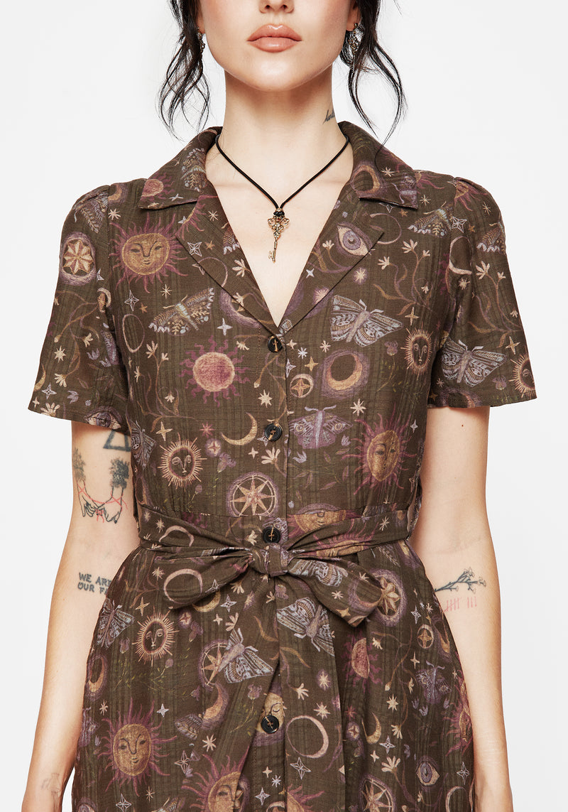 Rhea Cotton Blend Moth and Moon Print Midi Shirt Dress