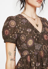 Rhea Cotton Blend Moth and Moon Print Mini Smock Dress