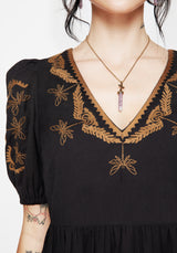 Emberflit Cotton Blend Moth Embroidered Smock Maxi Dress