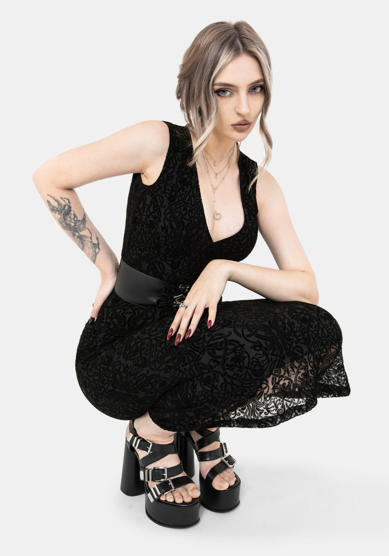 Disrupt Dragon Flocked Mesh Sleeveless Midi Dress