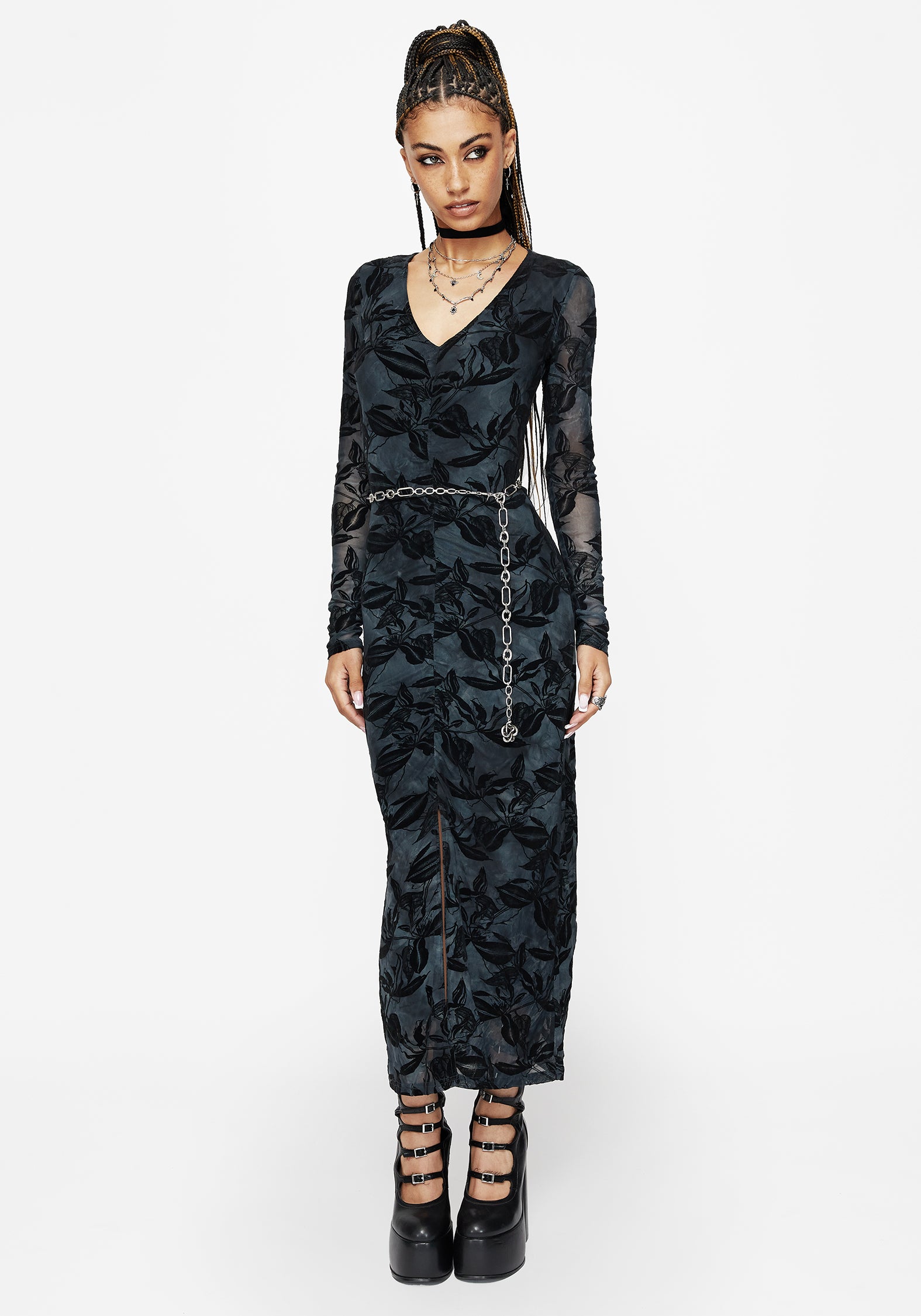 Bryn Floral Flocked Mesh Ruched Long Sleeve Midaxi Dress