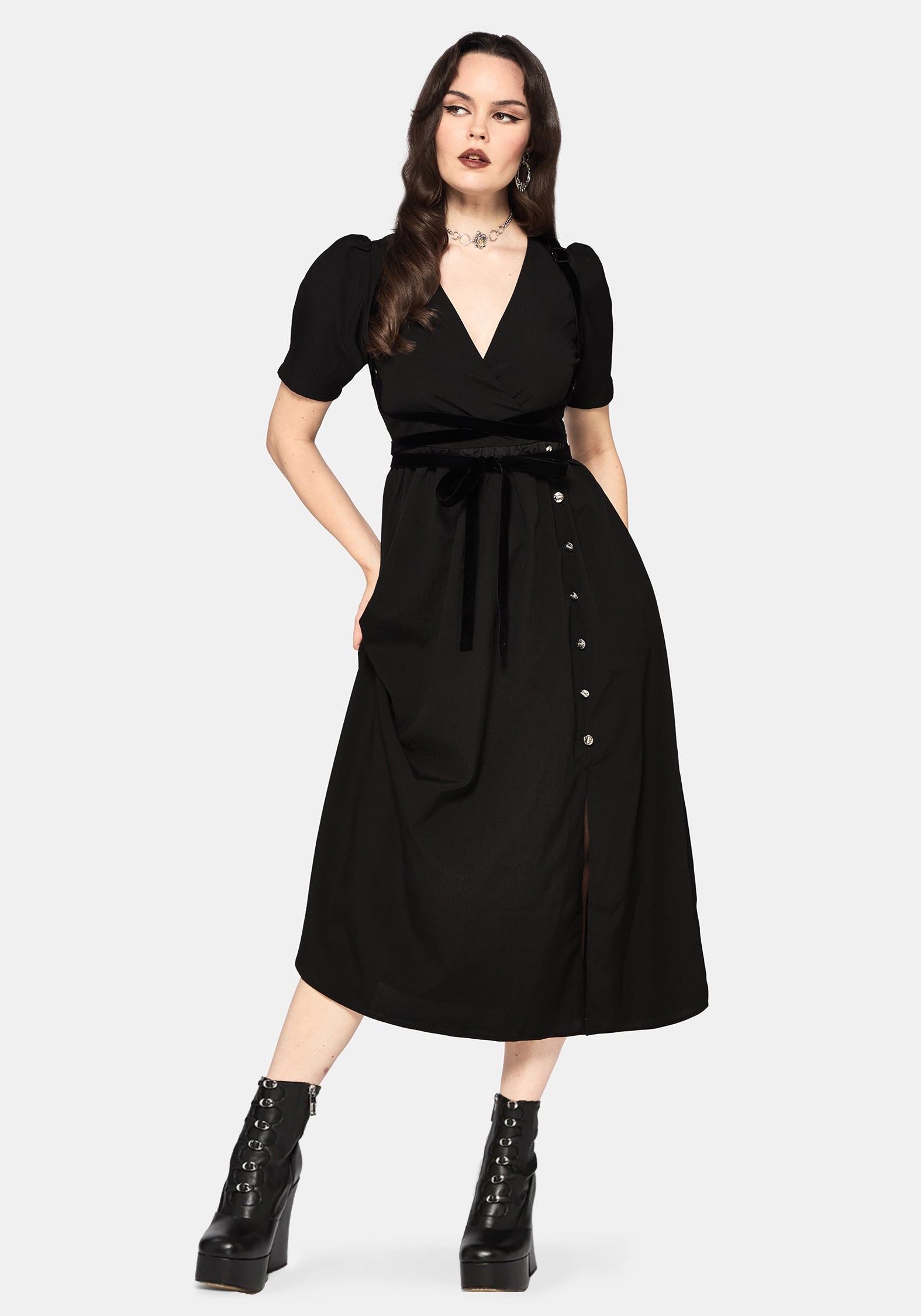 Brae Wrap Puff Sleeve Centipede Button Midaxi Dress
