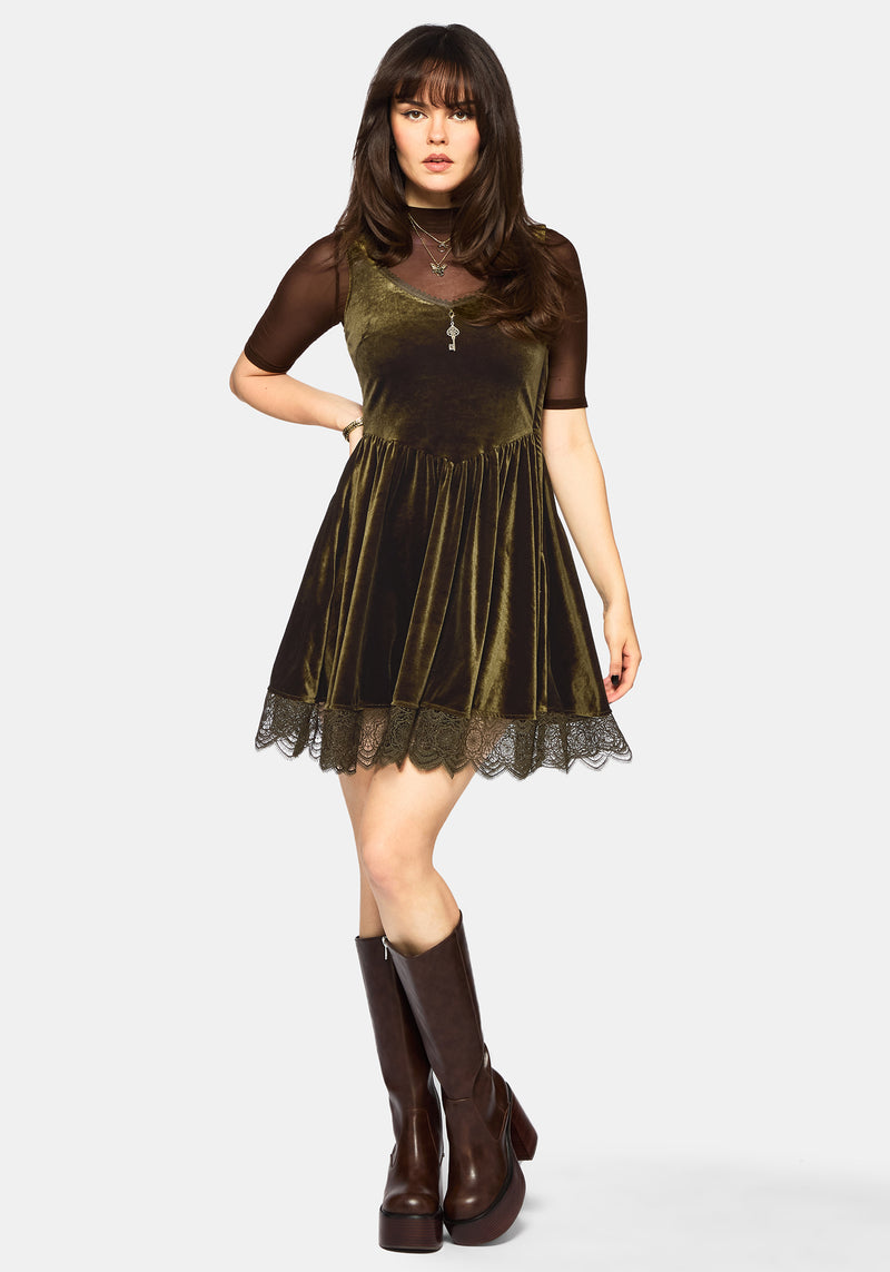 Orbweb Lace Hem Velour Mini Dress - Dark Green