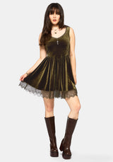 Orbweb Lace Hem Velour Mini Dress - Dark Green