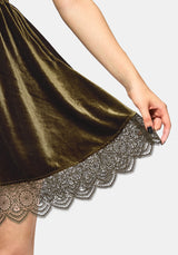 Orbweb Lace Hem Velour Mini Dress - Dark Green