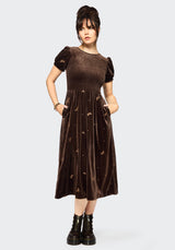 Seraphine Dragonfly Embroidered Velour Smocked Bodice Midi Dress