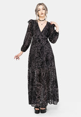 Thorned Flocked Chiffon Castle Print Frill Neck Maxi Dress