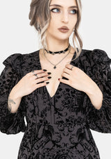 Thorned Flocked Chiffon Castle Print Frill Neck Maxi Dress