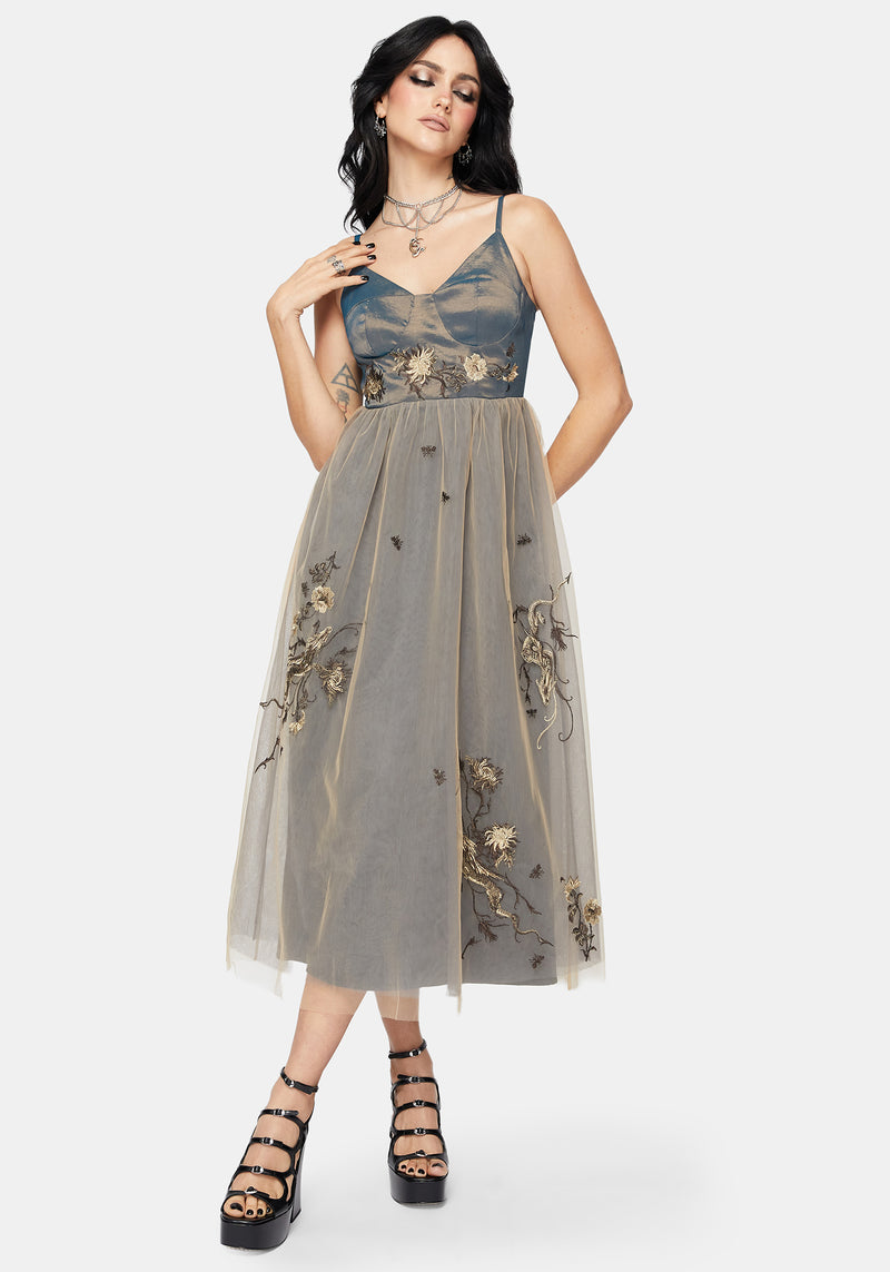 Whim Dragon Embroidered Tulle Midaxi Dress