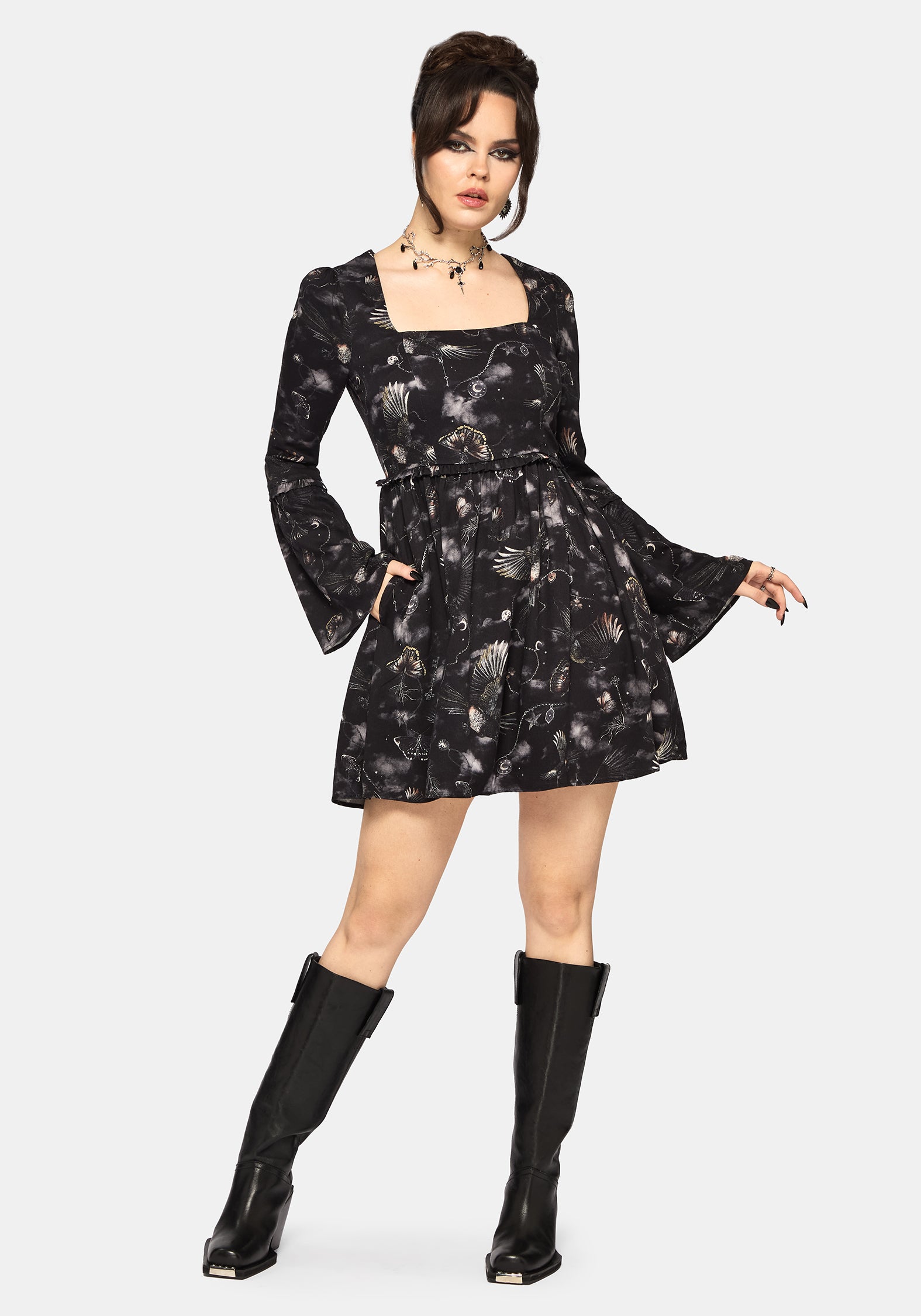 Crimson Magpie and Moth Print Mini Ruffle Dress