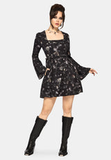 Crimson Magpie and Moth Print Mini Ruffle Dress