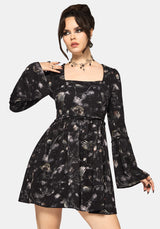 Crimson Magpie and Moth Print Mini Ruffle Dress