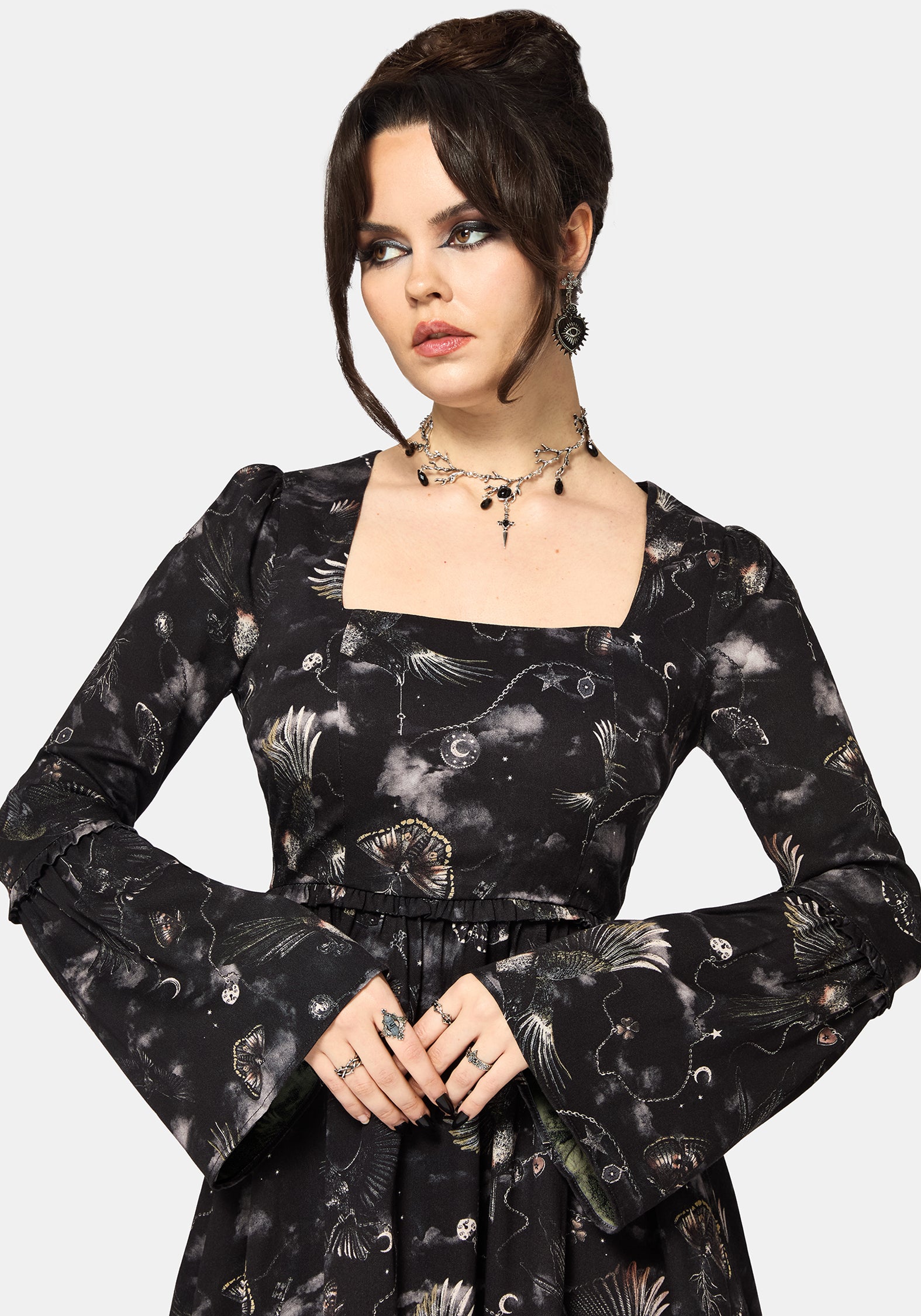 Crimson Magpie and Moth Print Mini Ruffle Dress