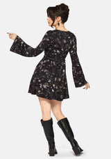 Crimson Magpie and Moth Print Mini Ruffle Dress