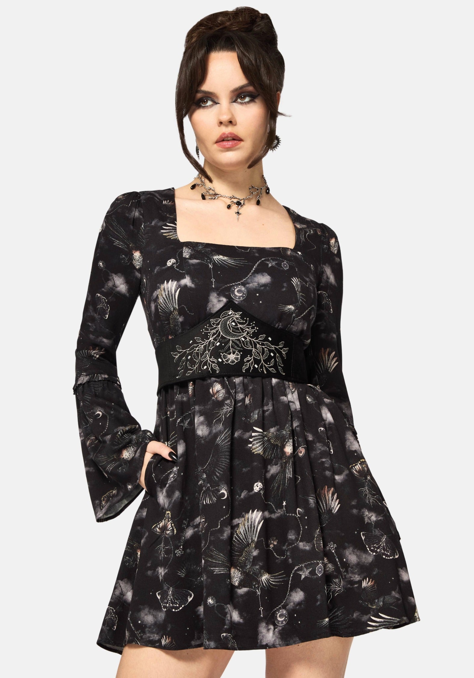 Crimson Magpie and Moth Print Mini Ruffle Dress