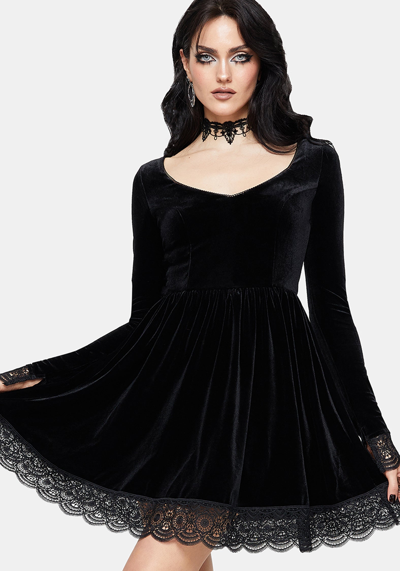 Orbweb Long Sleeve Lace Hem Velour Mini Dress UK 10