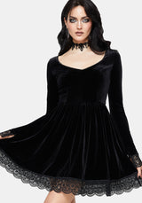 Orbweb Long Sleeve Lace Hem Velour Mini Dress UK 10