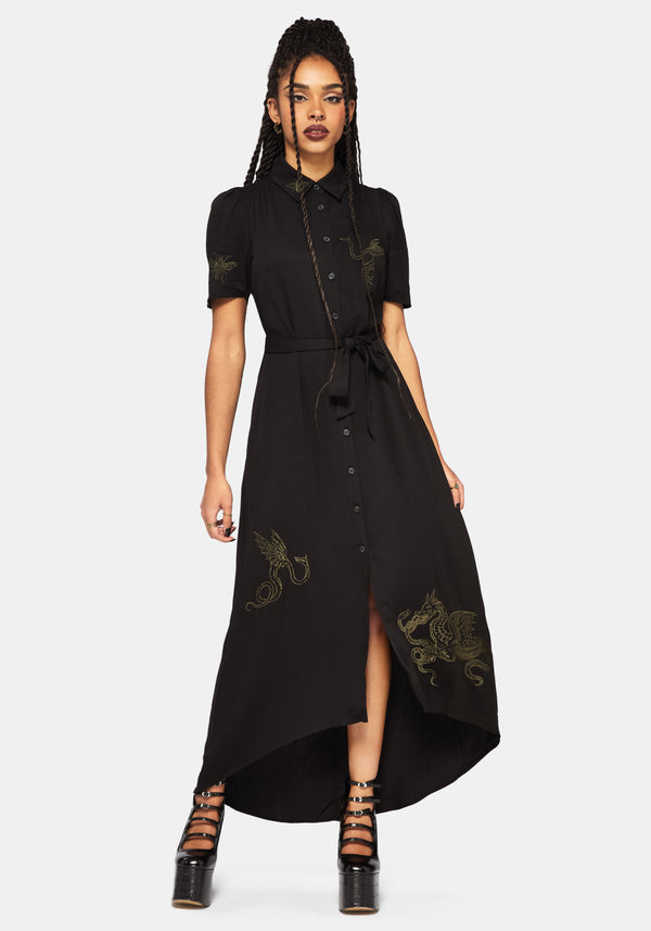 Isara Dragon Embroidered High Low Midaxi Shirt Dress