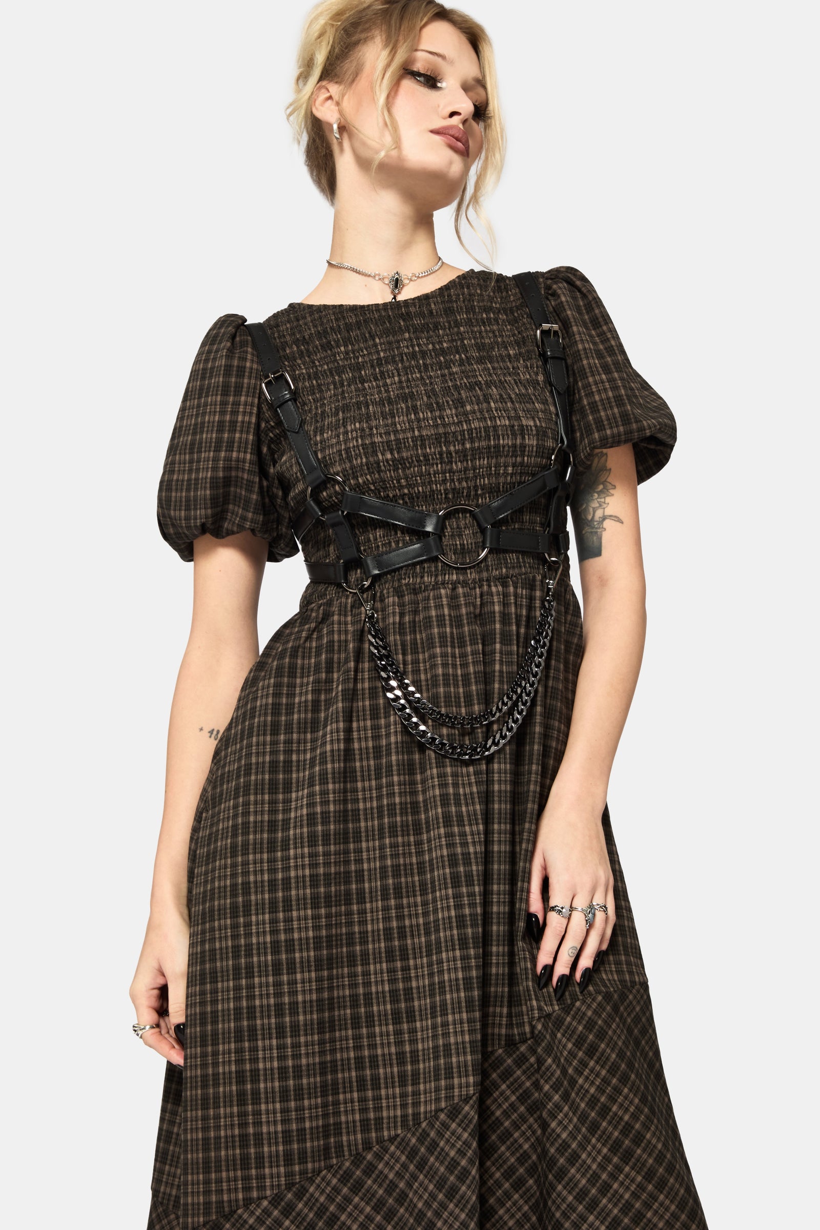 Rhiannon Check Shirred Bodice Midi Dress UK 10