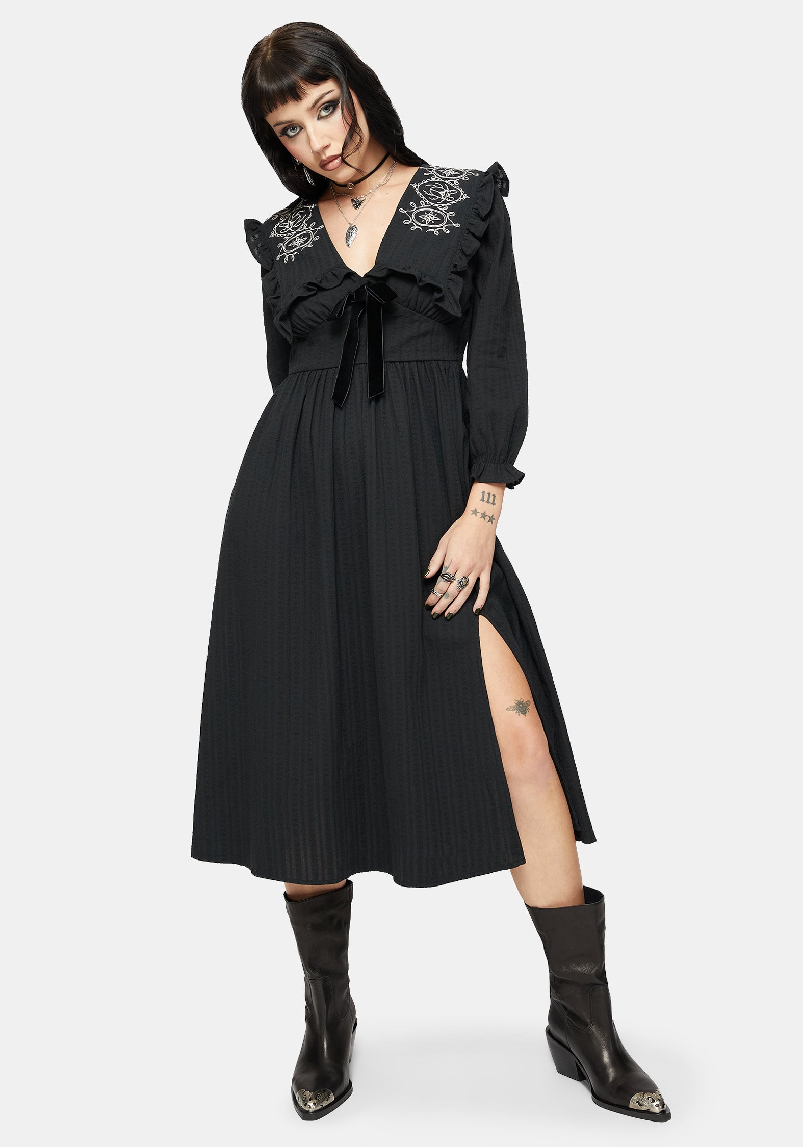 Alira Bug Embroidered Collar Cotton Midi Dress