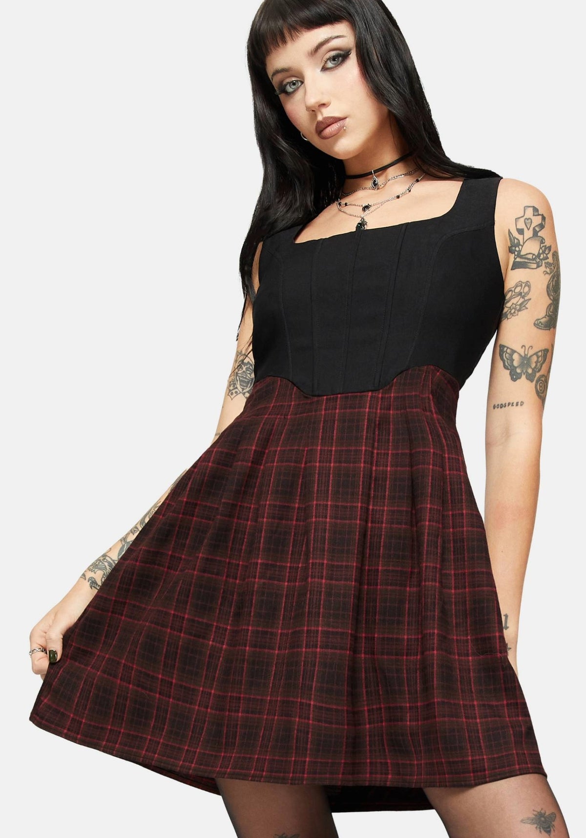 Bonnie Mixed Corset Check Pleated Mini Dress