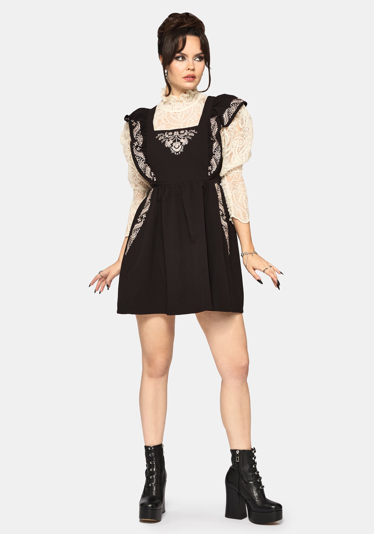 Bladeborn Embroidered Ruffle Front Mini Dress