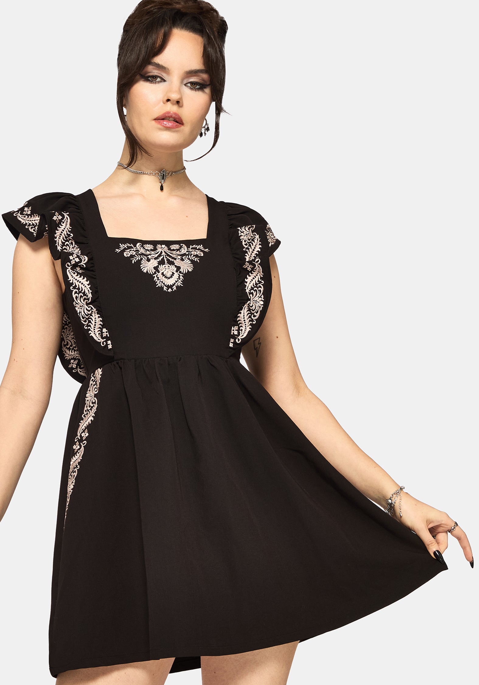 Bladeborn Embroidered Ruffle Front Mini Dress
