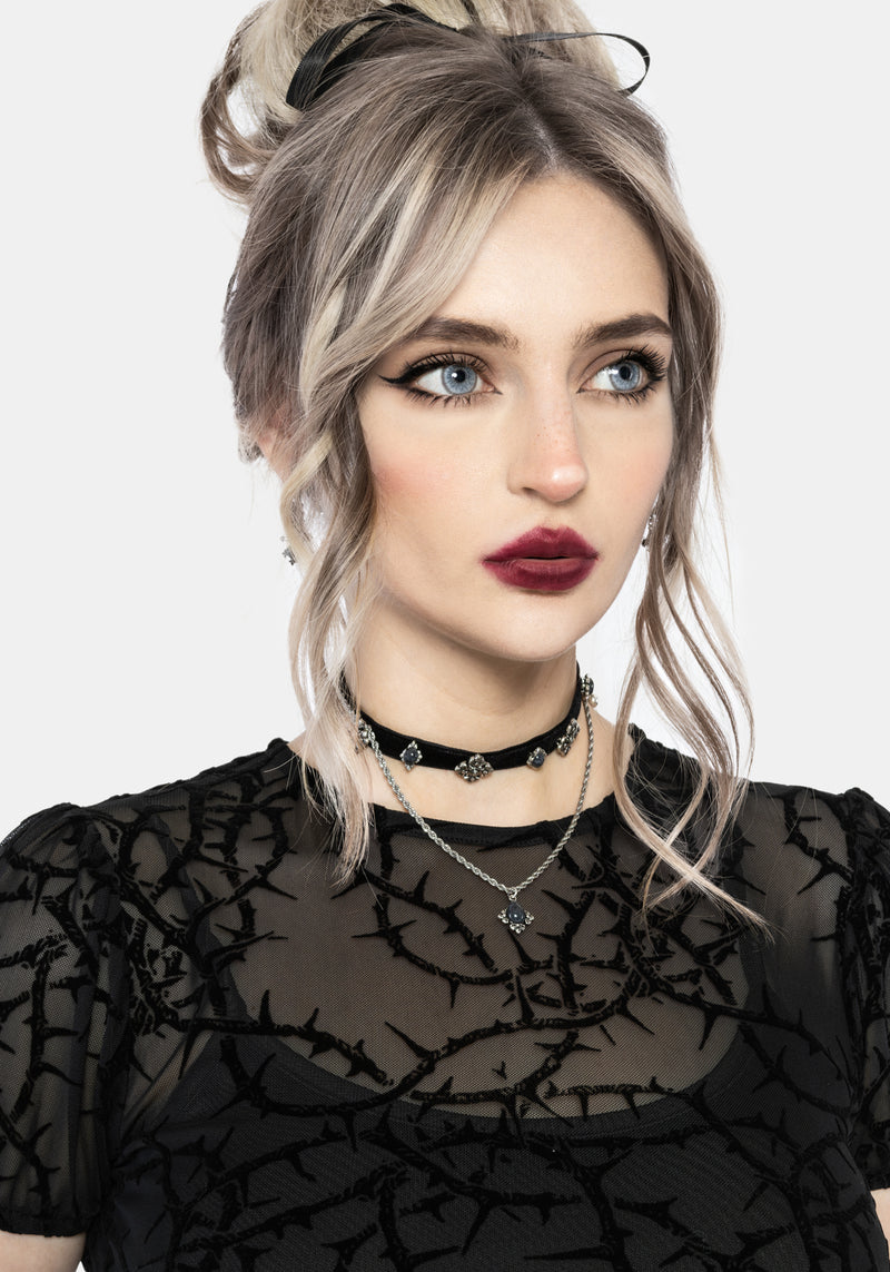 Prickle Thorn Print Mesh Puff Sleeve Mini Dress - Black