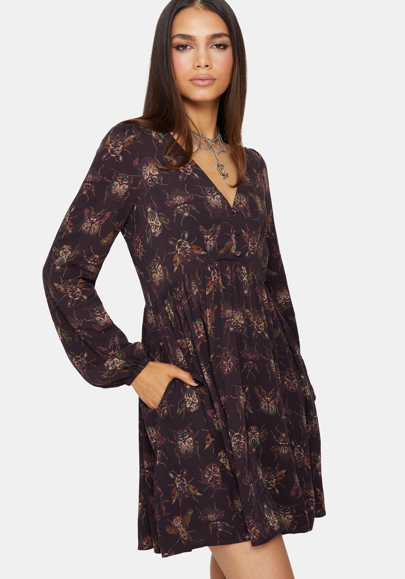 Scorn Bug Printed Long Sleeve Mini Dress