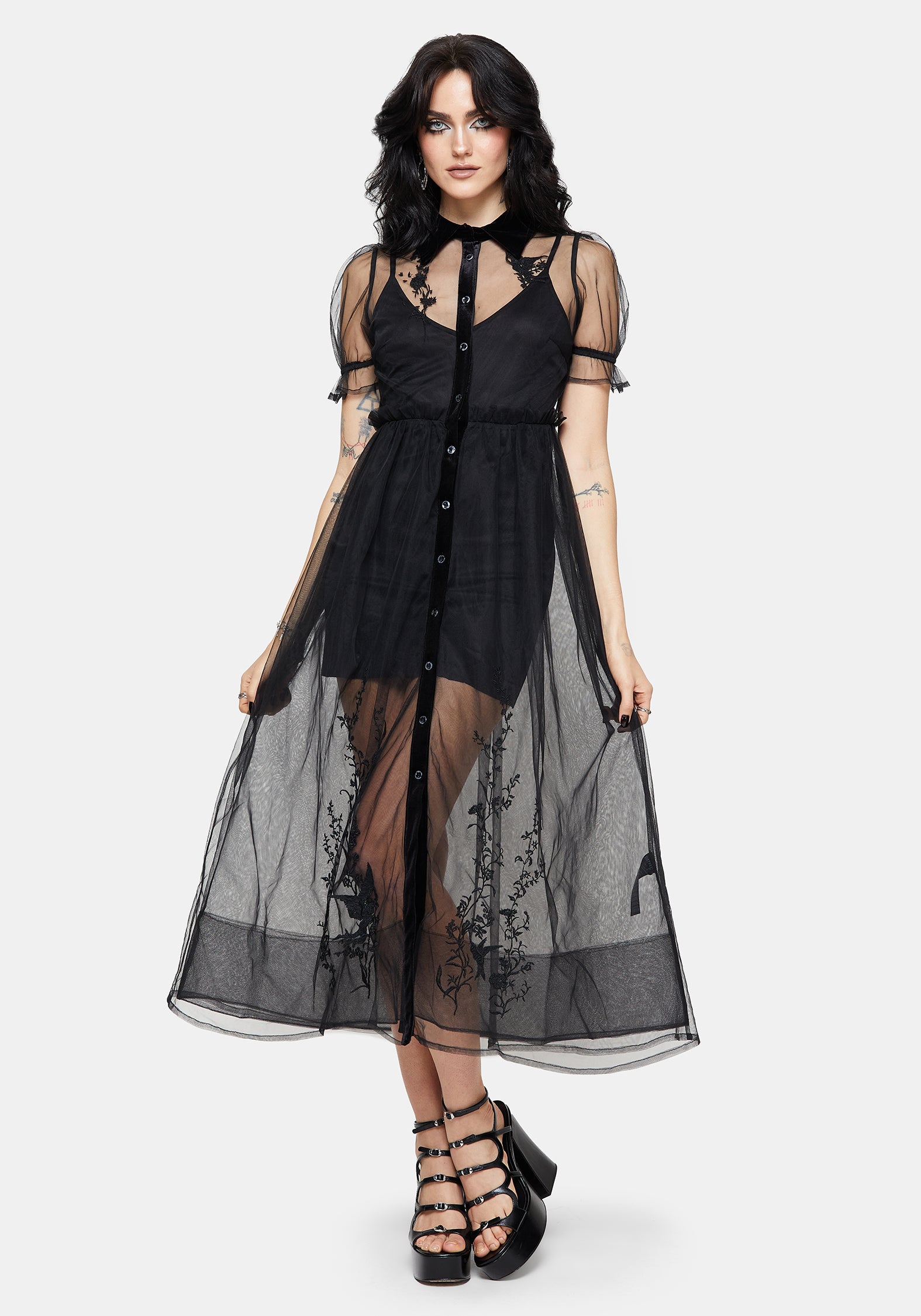 Aria Embroidered Tulle Button Up Midaxi Shirt Dress