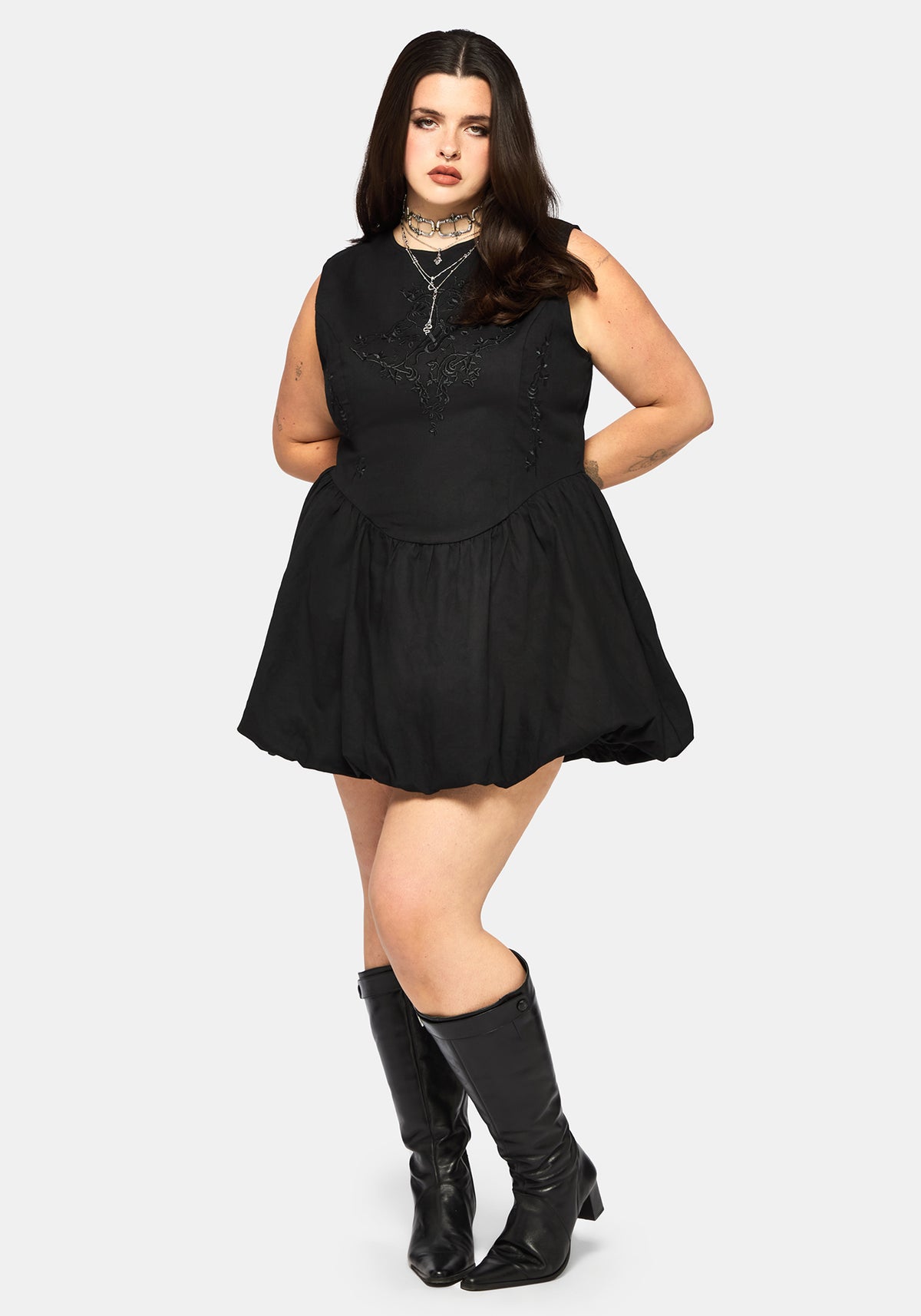 Ailis Balloon Hem Embroidered Mini Dress