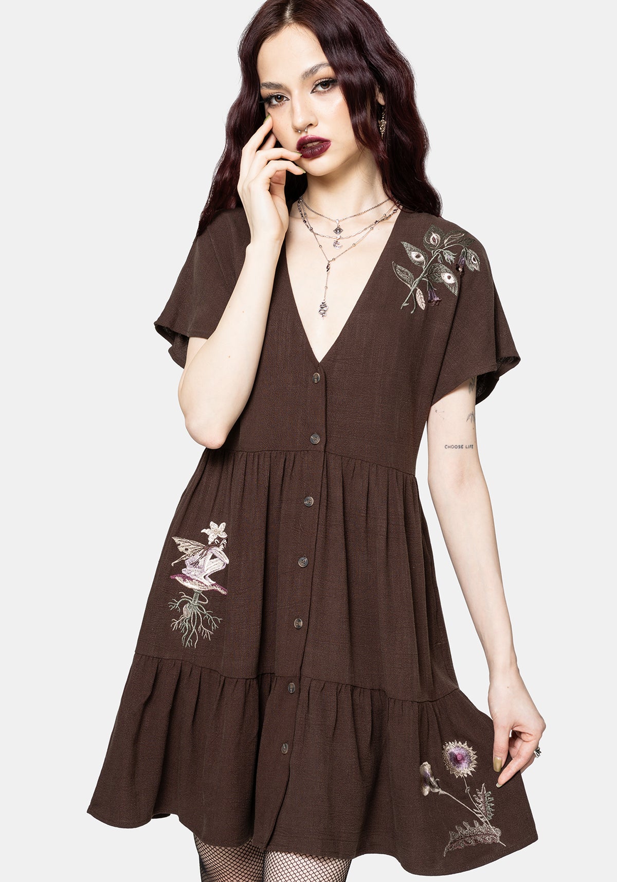 Faela Fairy Embroidered Button Up V-Neck Peplum Mini Dress UK 6