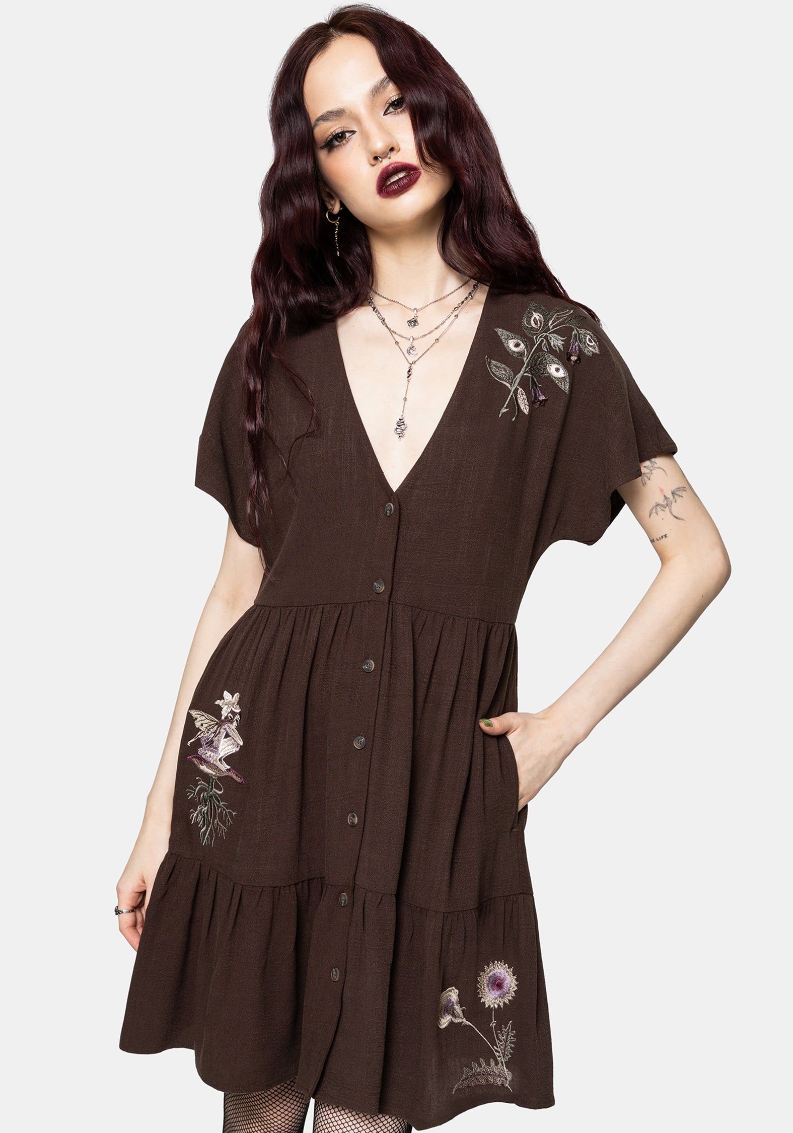Faela Fairy Embroidered Button Up V-Neck Peplum Mini Dress UK 6