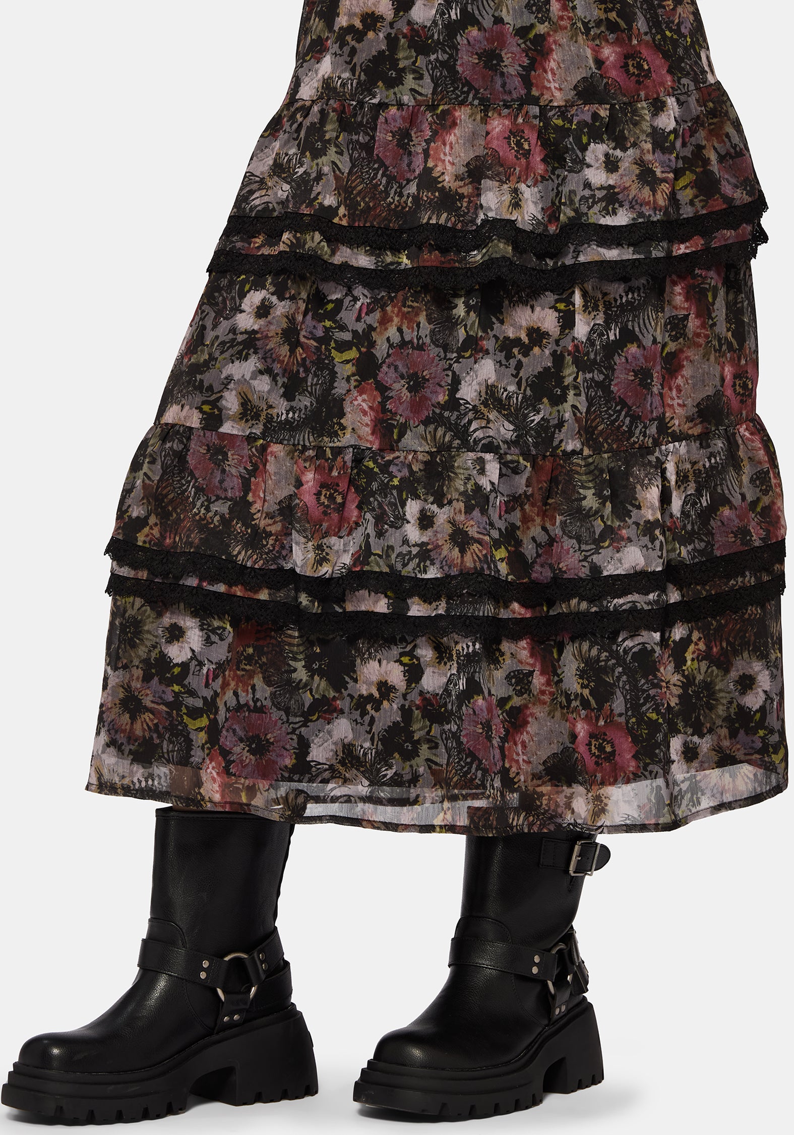 Mortua Grunge Floral Print Peplum Frill Cami Maxi Dress