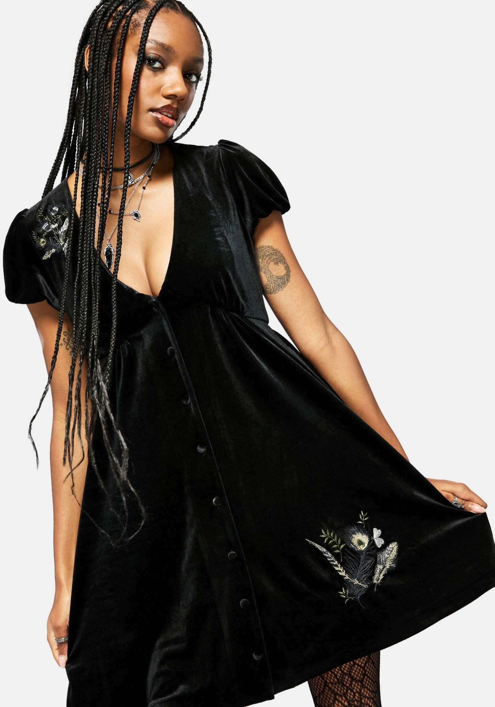 Bluesow Feather & Thistles Embroidered Puff Sleeve Velour Mini Dress