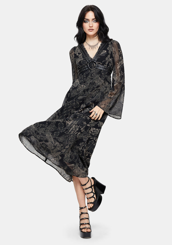 Surge Celtic Print Ruffle Neck Midi Dress