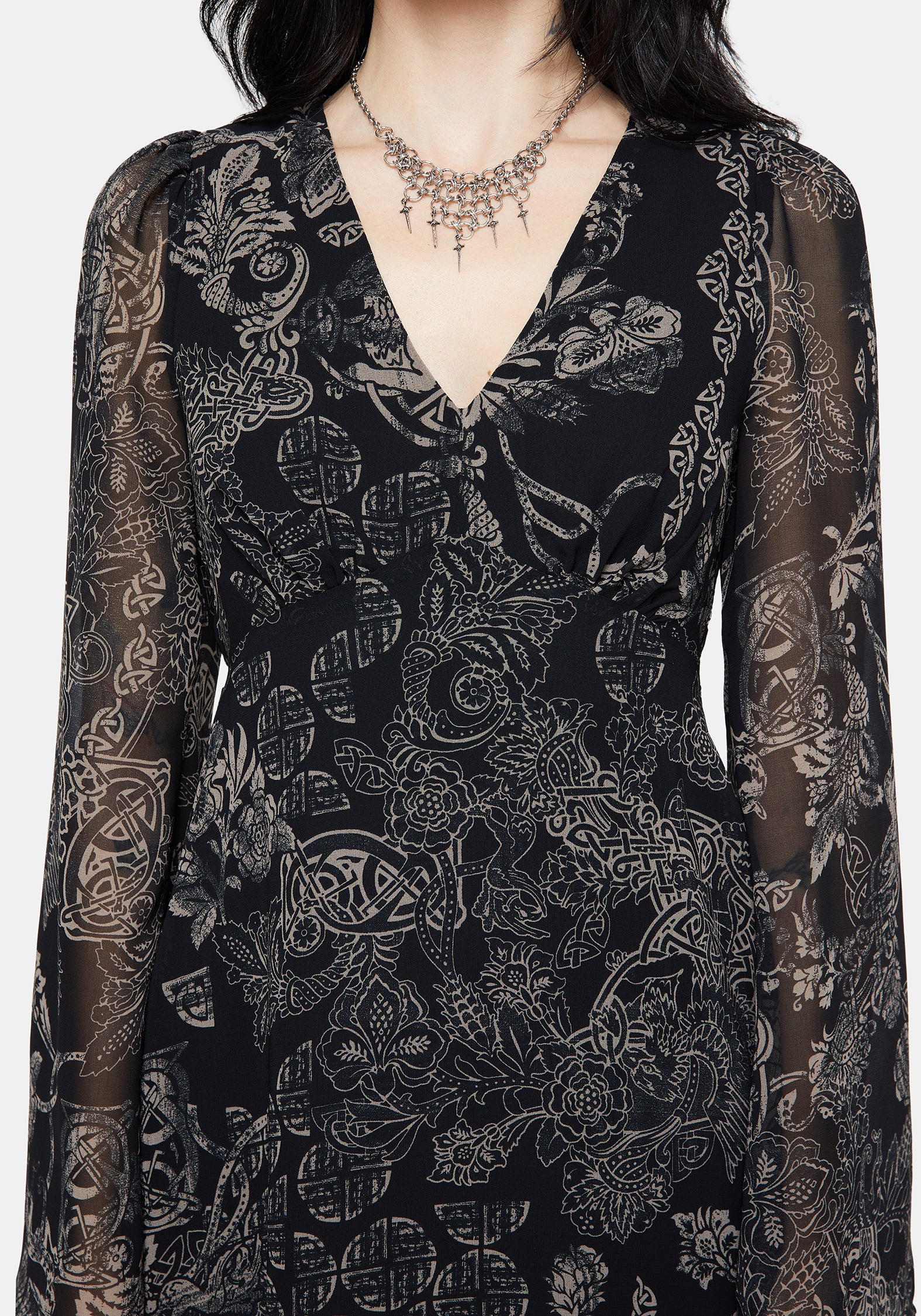 Surge Celtic Print Ruffle Neck Midi Dress