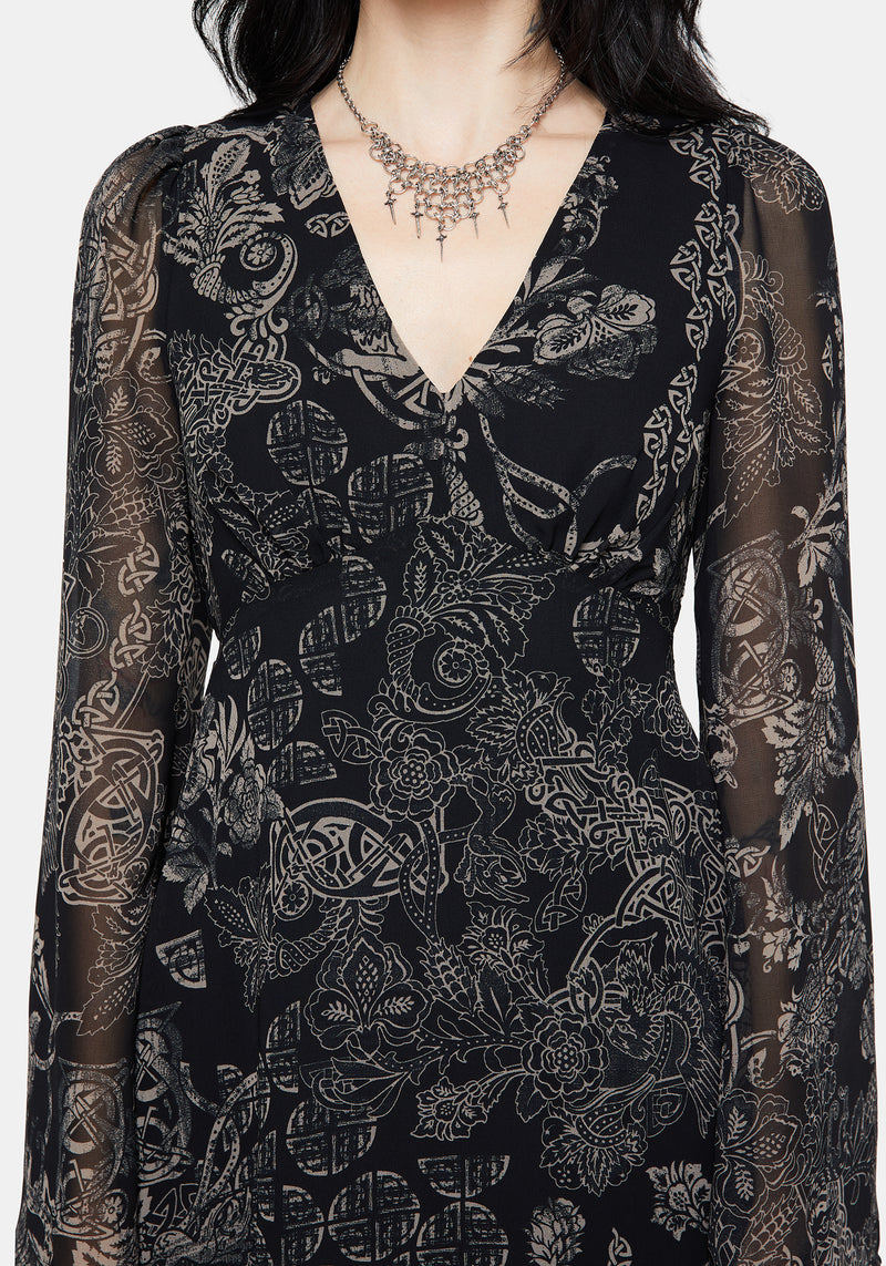 Surge Celtic Print Ruffle Neck Midi Dress