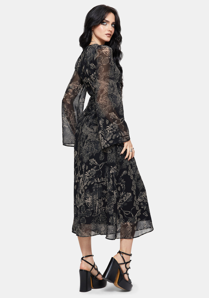 Surge Celtic Print Ruffle Neck Midi Dress