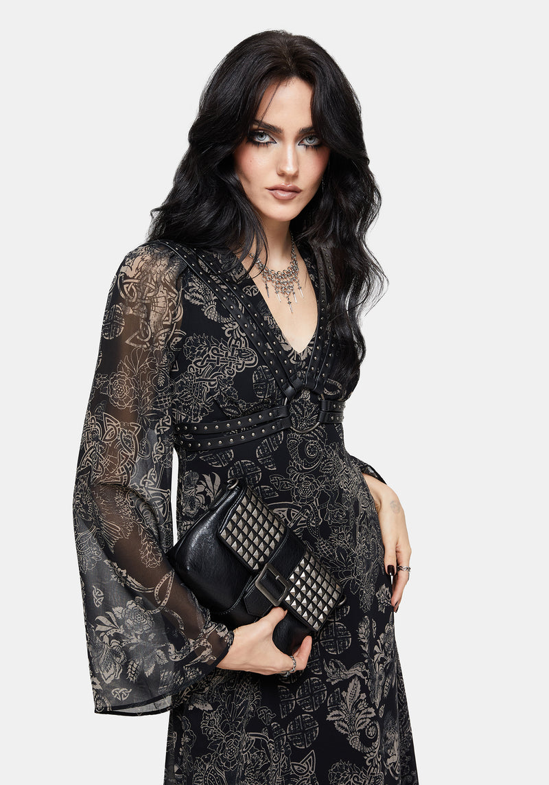 Surge Celtic Print Ruffle Neck Midi Dress